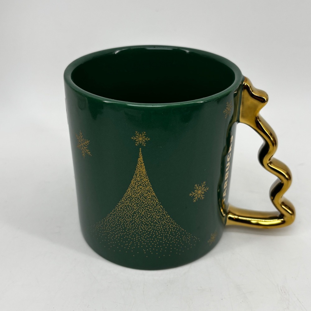 Starbucks 2025 Holiday Green Gold Christmas Tree Mug Wavy Gold Handle 12oz CCL25
